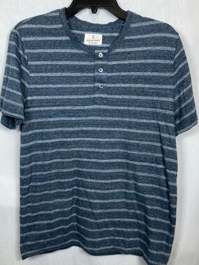 Mutual Weave Striped Short Sleeve Henley Shirt for Men Casual Blue Gray Tee Med
